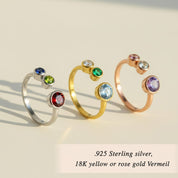 Adjustable birthstone ring for mom available in 925 sterling silver, 18k gold vermeil, and rose gold, personalized mother’s ring with November citrine and December blue topaz, elegant family jewelry for moms and grandmas.