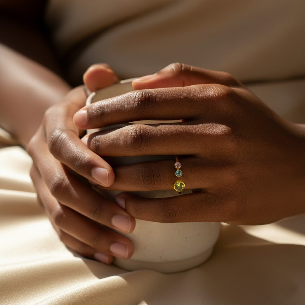 Dainty personalized multi birthstone ring for mom of two kids shown on a woman’s hand while holding a mug, featuring one large 5mm bezel-set mother stone and two small 3mm child birthstones on an adjustable gold open ring. A meaningful mother’s birthstone jewelry gift, perfect for birthdays, Christmas, Mother’s Day, or new mom celebrations, this custom family ring blends comfort, elegance, and sentimental detail in everyday wearable handmade jewelry.