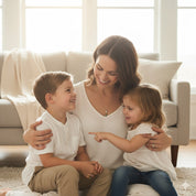 Mom wearing personalized birthstone bar necklace while hugging children, sentimental family jewelry celebrating kids’ birthstones, perfect Mother’s Day or Christmas gift.