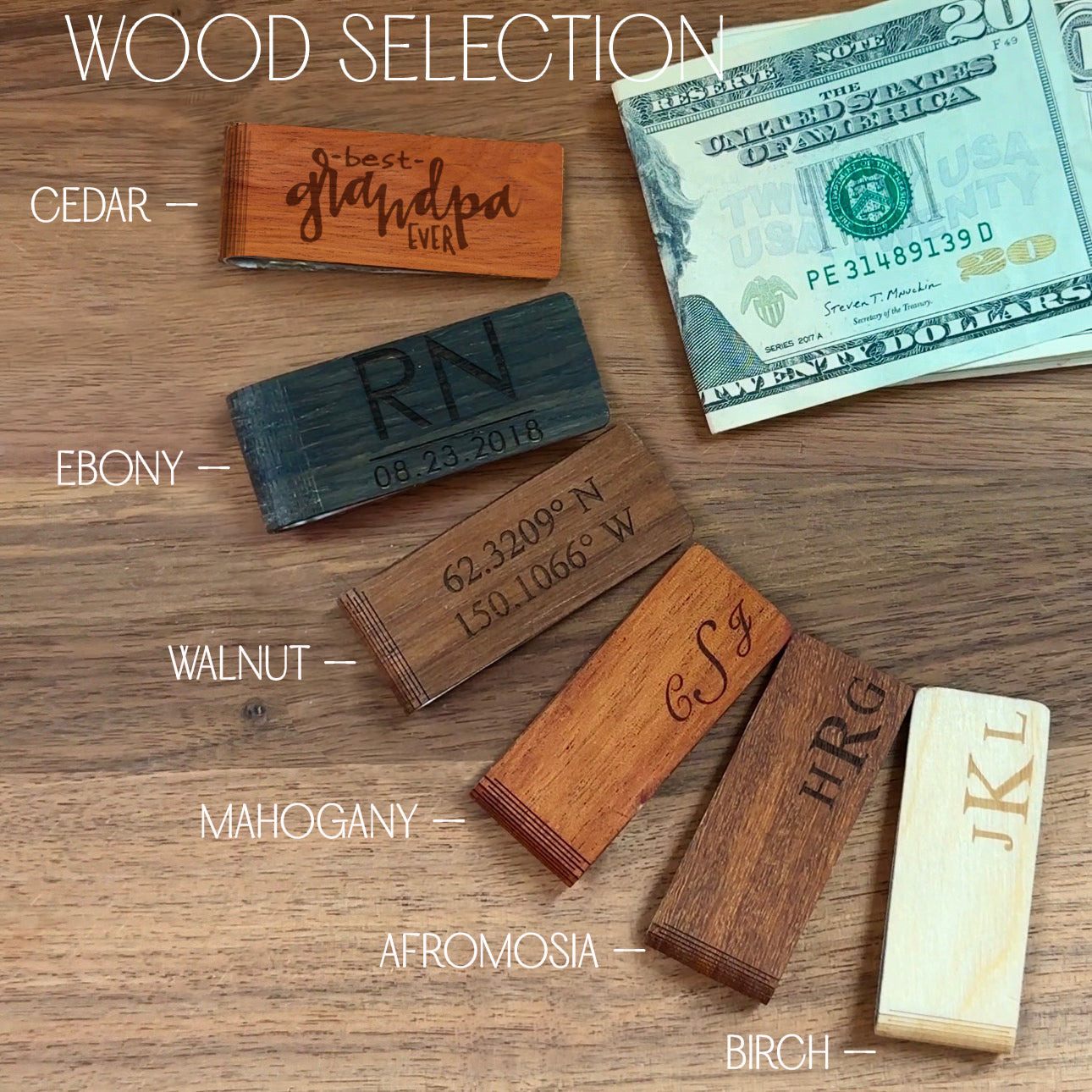 wood selections for money clip include cedar, ebony, afromosia, birch, walnut and mahogany. Great gift for dads, Father's Day, Retirement, new job or promotion or for your wedding party, dad gift, fathers day gift, gift for dad, gift for him, christmas, groomsman gift, promotion gift, grad gift, graduation gift. anniversary gift, 5th wedding anniversary, fifth wedding anniversary, wedding party gift
