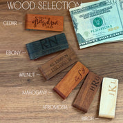 wood selections for money clip include cedar, ebony, afromosia, birch, walnut and mahogany. Great gift for dads, Father's Day, Retirement, new job or promotion or for your wedding party, dad gift, fathers day gift, gift for dad, gift for him, christmas, groomsman gift, promotion gift, grad gift, graduation gift. anniversary gift, 5th wedding anniversary, fifth wedding anniversary, wedding party gift