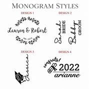 Monogram design options for personalized champagne flutes showing wreath, bride and groom, graduation, and year engraving designs.