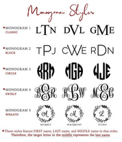 This image shows our 5 monogram style options we have available. The monogram options available are Classic, Block, Circle, Swirly and Wreath. Each of these styles features the person's initials. With so many styles to pick from, you can match the style of engraving to your personality! 