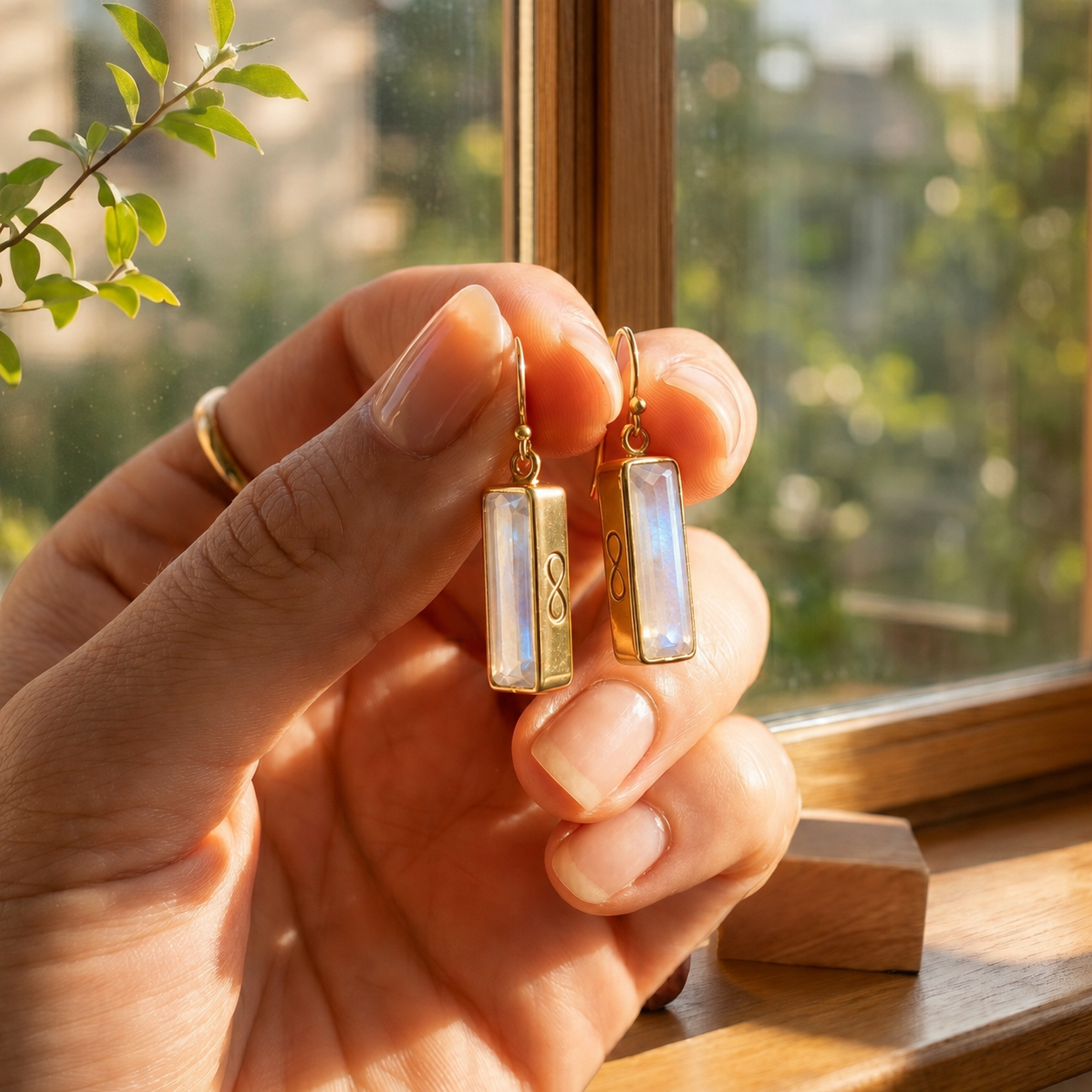 A hand holds a pair of gold rectangular drop earrings with iridescent white stones in front of a sunlit window.