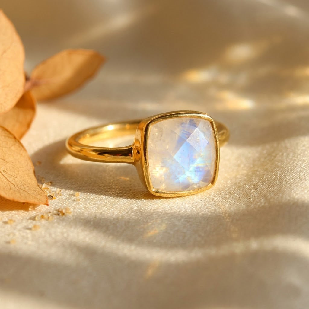 Cushion moonstone ring in gold bezel setting with glowing rainbow gemstone
