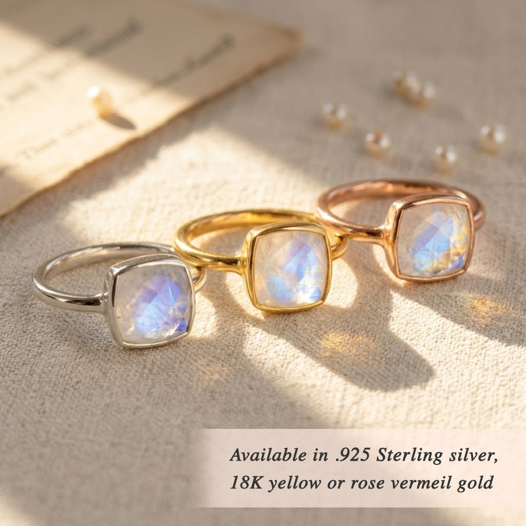 Moonstone rings in gold, silver and rose gold bezel settings comparison