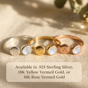Adjustable moonstone initial rings shown in sterling silver, yellow gold and rose gold vermeil finishes.
