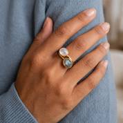 Moonstone and labradorite ring sets in sterling silver, yellow gold vermeil, and rose gold vermeil.