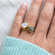 Faceted moonstone and labradorite gold ring set worn together on a hand with an aqua sweater.

3. Video cover