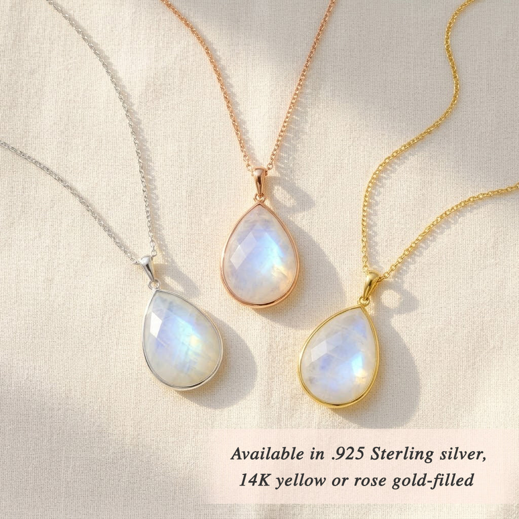 Moonstone necklaces in gold and sterling silver, June birthstone pendants in multiple shapes, dainty gemstone jewelry collection