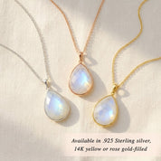 Moonstone necklaces in gold and sterling silver, June birthstone pendants in multiple shapes, dainty gemstone jewelry collection