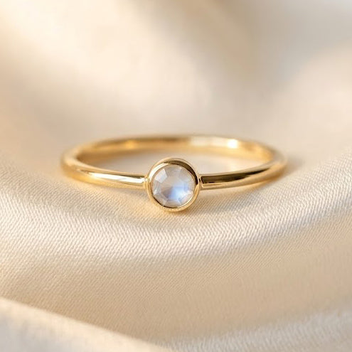 Dainty moonstone ring in gold vermeil, June birthstone bezel set stacking ring