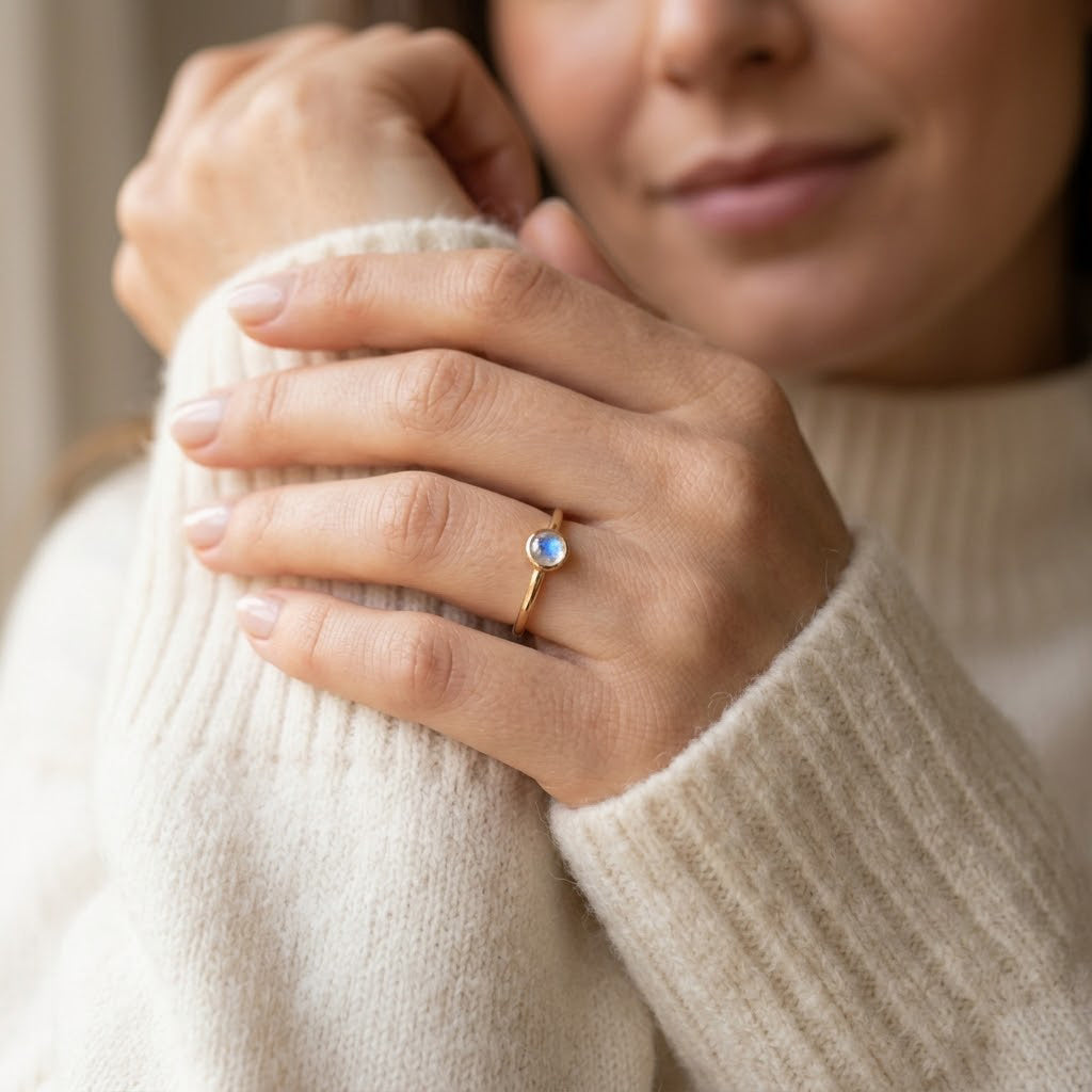 Woman wearing moonstone ring, minimalist June birthstone stacking ring with iridescent gemstone
