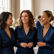 Three bridesmaids wearing personalized moonstone birthstone necklaces with matching dark blue dresses.