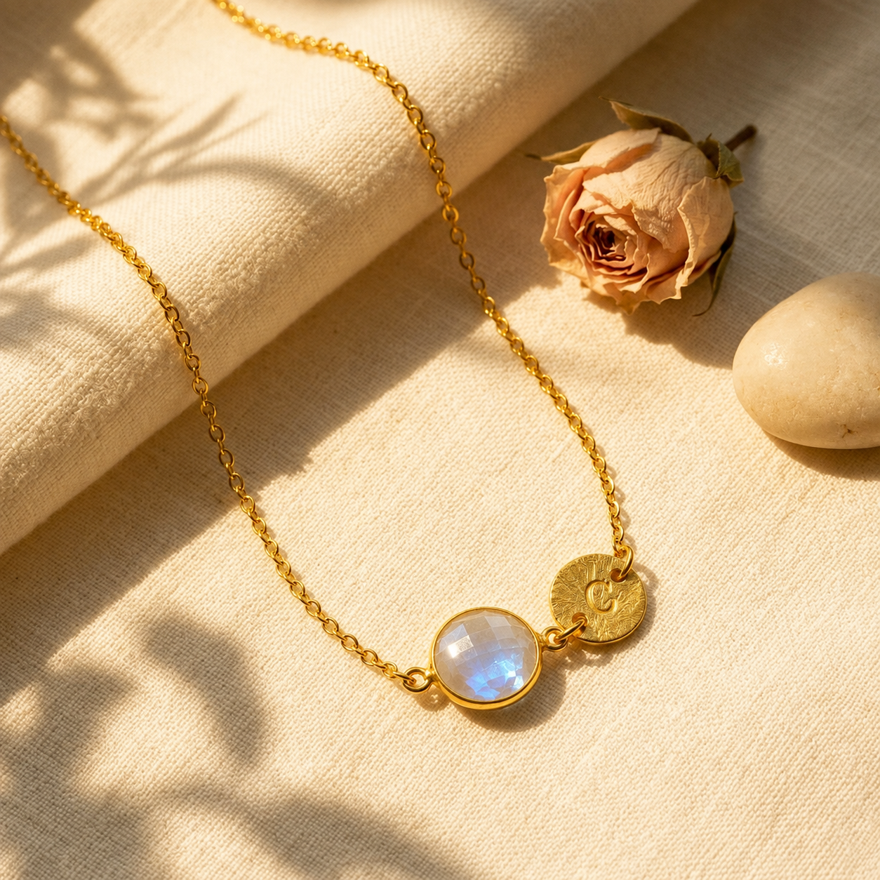 Gold personalized moonstone initial necklace with round faceted June birthstone displayed on cream fabric.