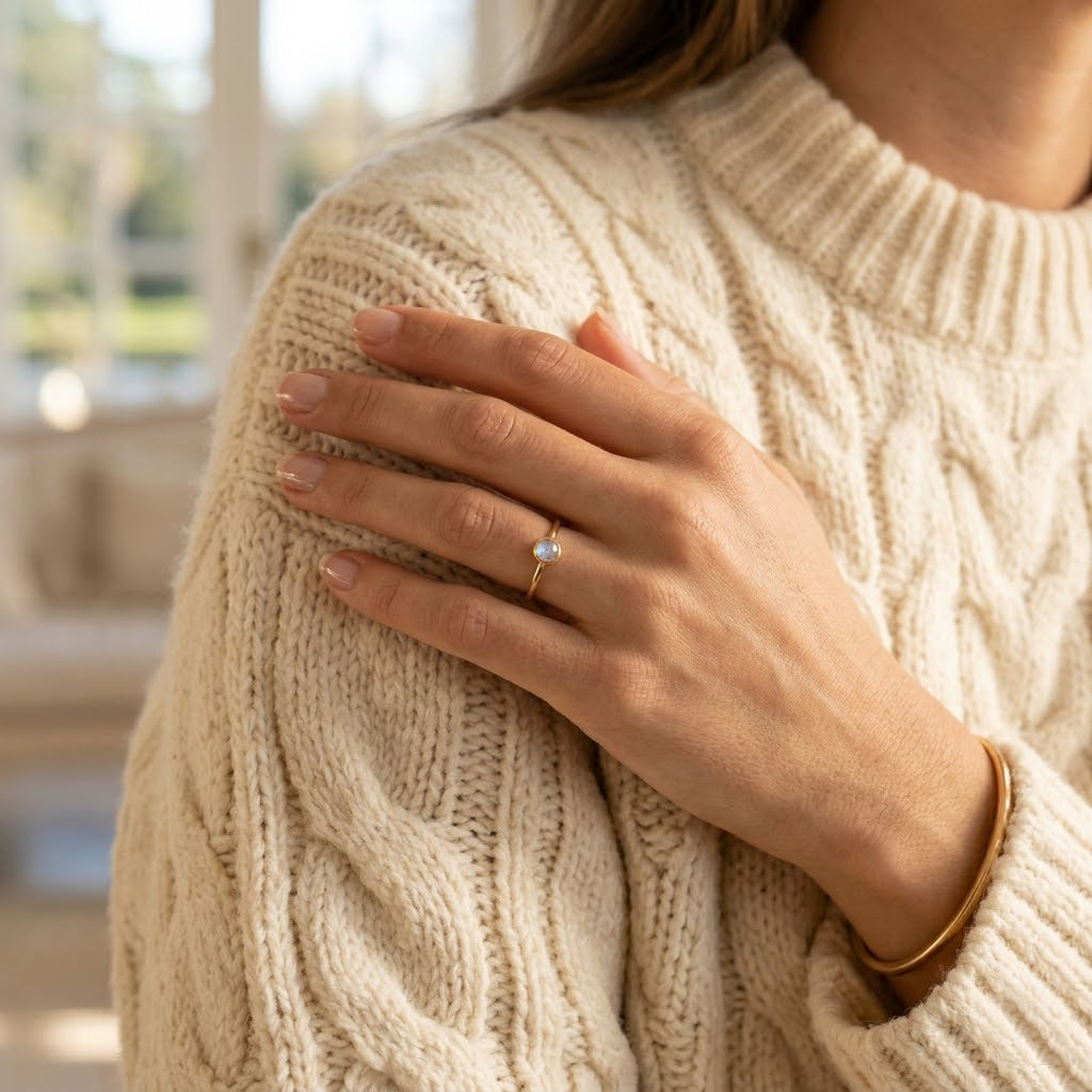 Hand modeling moonstone ring, delicate June birthstone ring with glowing white gemstone
