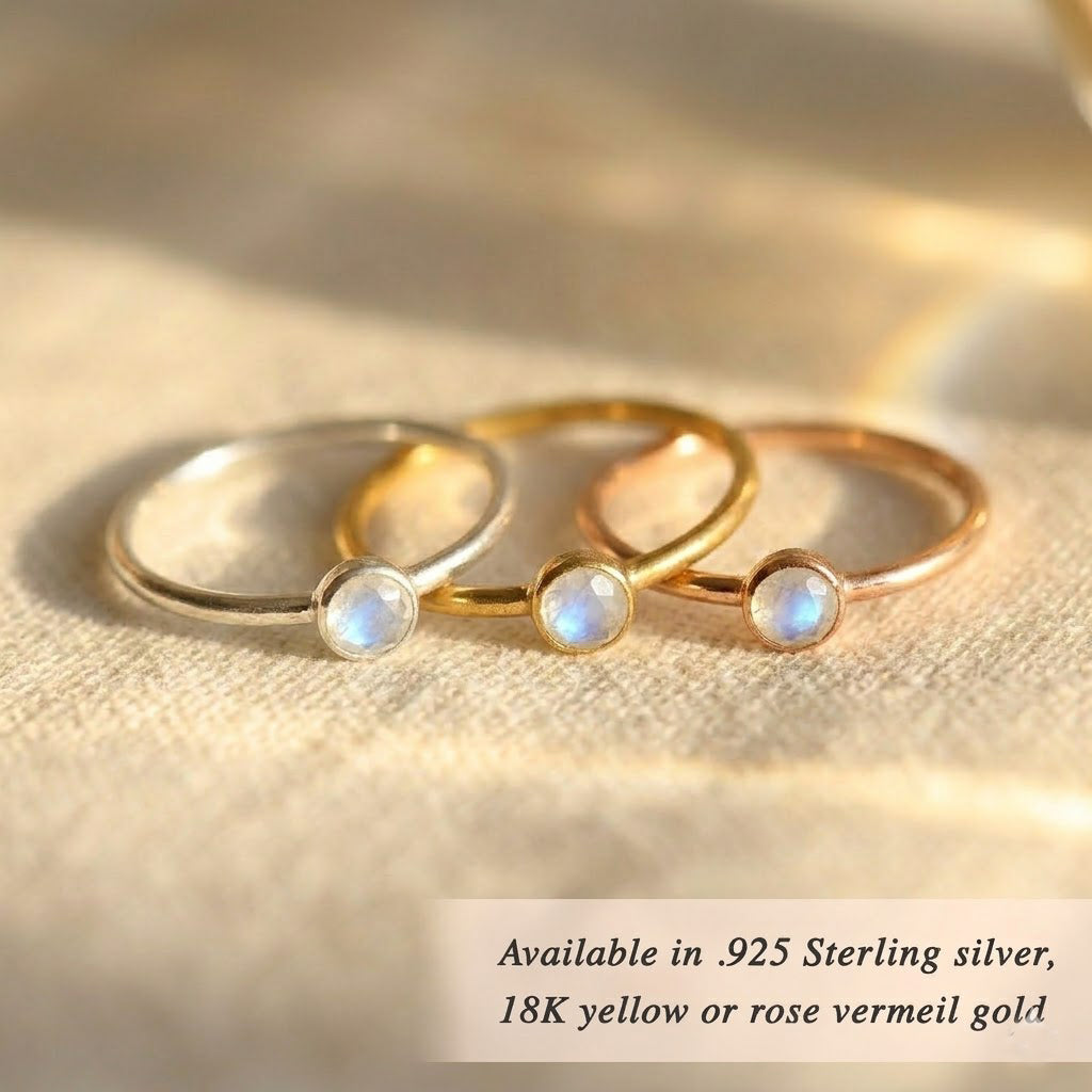 Set of moonstone rings in gold and silver, June birthstone stacking ring collection

