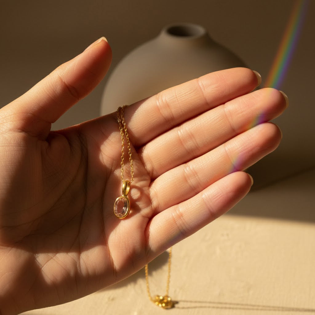 Close-up of oval Morganite birthstone bezel pendant necklace worn on the neck, highlighting the gemstone size and smooth bezel frame. Dainty personalized birthstone jewelry designed for everyday wear. Custom birthstone necklace makes a thoughtful Valentine’s Day gift for her or a sentimental keepsake.