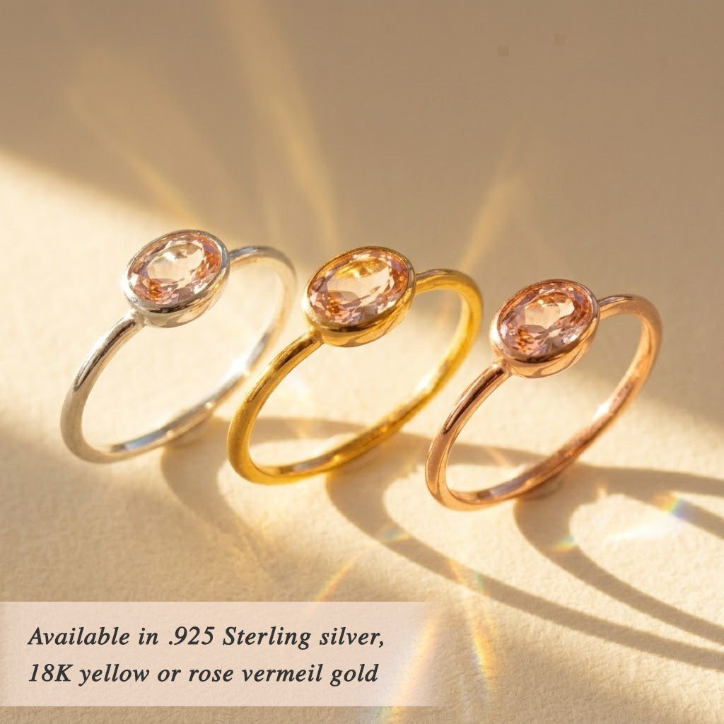 sterling silver morganite ring shown on white background. stackable! Stacking rings, bezel set, small oval, tiny oval, dainty oval, birthstone rings, sterling silver stamp, birthstone ring, birthstone jewelry, stack set, stacking rings, gemstone ring, birthstone ring, mother's day gift for her, gift for mom, gift for fiance, gift for girlfriend, wedding jewelry, bridesmaid jewelry, anniversary jewelry, anniversary gift, birthday gift, christmas gift, valentine's day gift, valentine's day rings, dainty ring