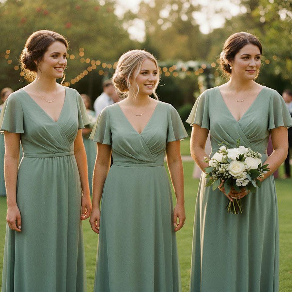 Bridesmaids wearing delicate Morse code beaded necklaces in gold at an outdoor wedding, personalized secret message jewelry that makes a meaningful bridesmaid gift, minimalist necklace for bridal party, maid of honor, or best friends.