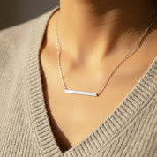 Morse code skinny bar necklace packaged in branded gift box ready for gifting. Personalized hidden message necklace presented as meaningful jewelry gift for birthdays, anniversaries, Valentine’s Day, or Mother’s Day.