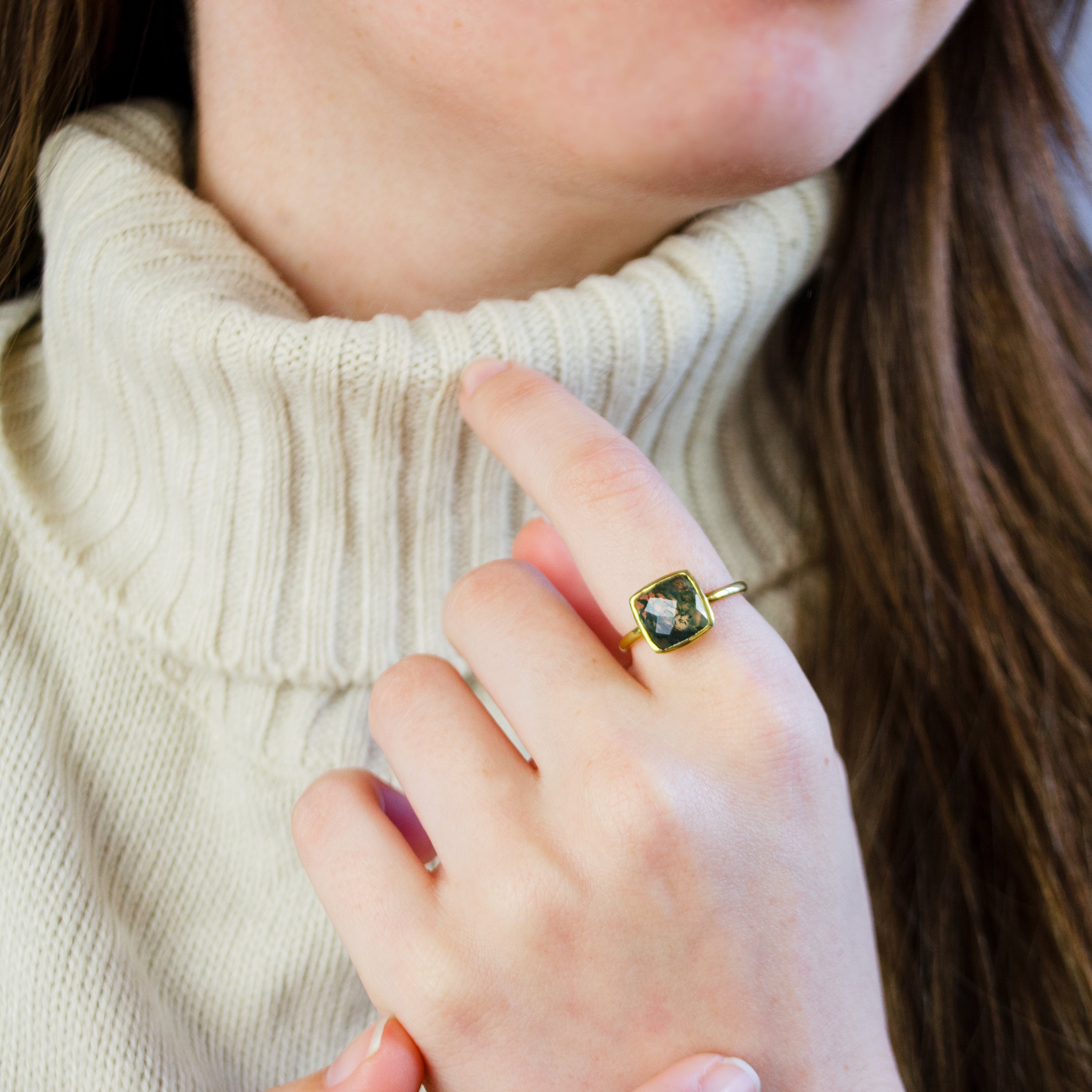 Moss Agate Cushion Ring