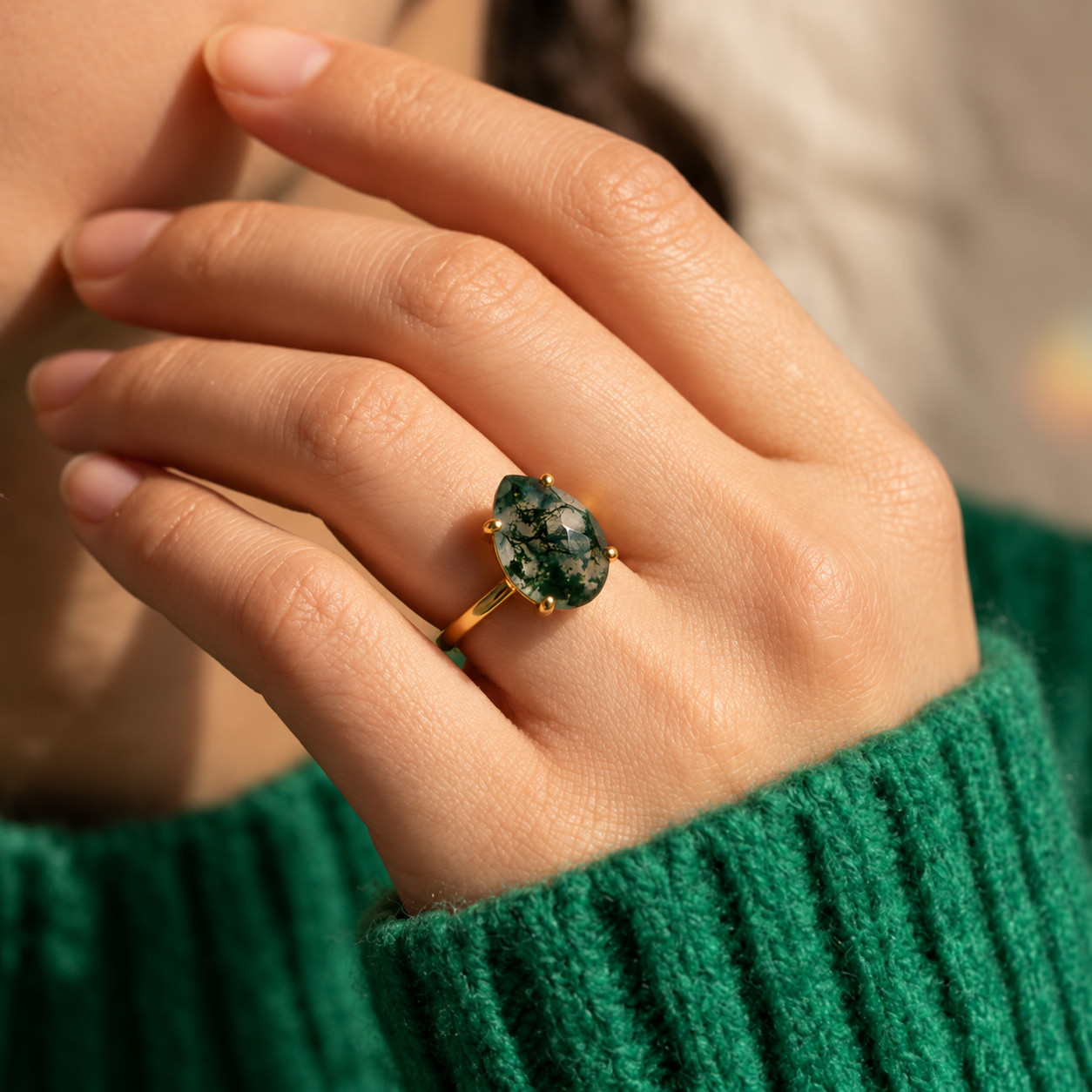 Moss Agate Teardrop Prong Set Ring, Virgo Birthstone May