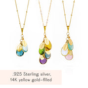 Custom birthstone mom necklace with three pendant clusters in 925 sterling silver and 14k yellow gold filled, each featuring faceted teardrop birthstones paired with engraved name charms for children or grandchildren. Personalized family necklace that can be customized with multiple names and birth months, a meaningful Mother’s Day, birthday, or Christmas gift for mom, new mom, or grandma.