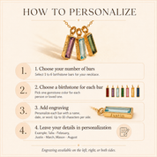 How to personalize chart showing how to choose birthstone bars, engraving, and necklace details.