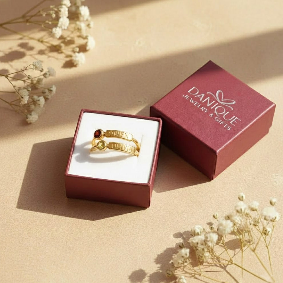 personalized birthstone ring gift box, custom engraved jewelry ready for gifting for mom, wife, or loved one