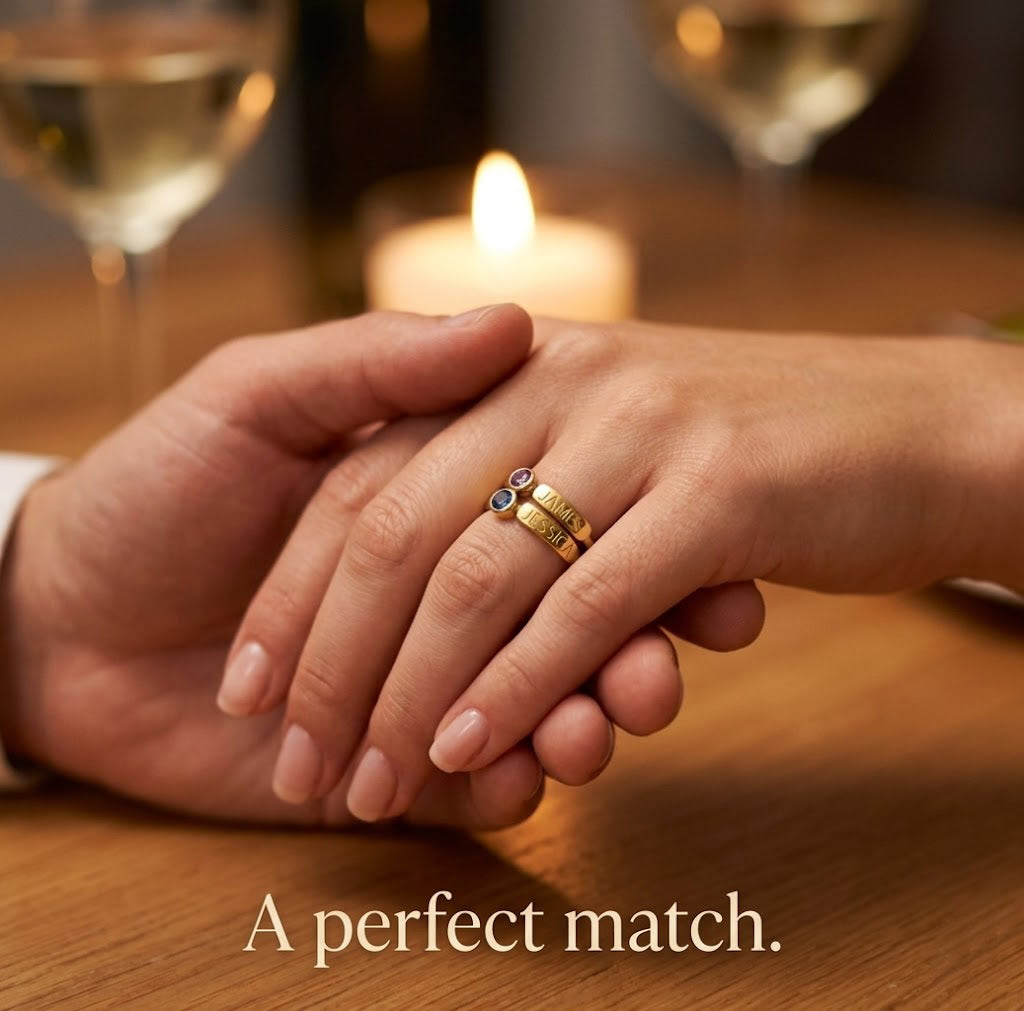 matching engraved birthstone rings for couples, personalized name rings with gemstone accents, meaningful couple jewelry