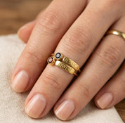 personalized stackable birthstone rings on hand, custom name engraved rings for mom, dainty gold stacking rings with gemstones