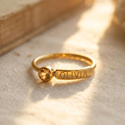 custom engraved name ring with faceted birthstone, minimalist gold birthstone ring personalized jewelry gift