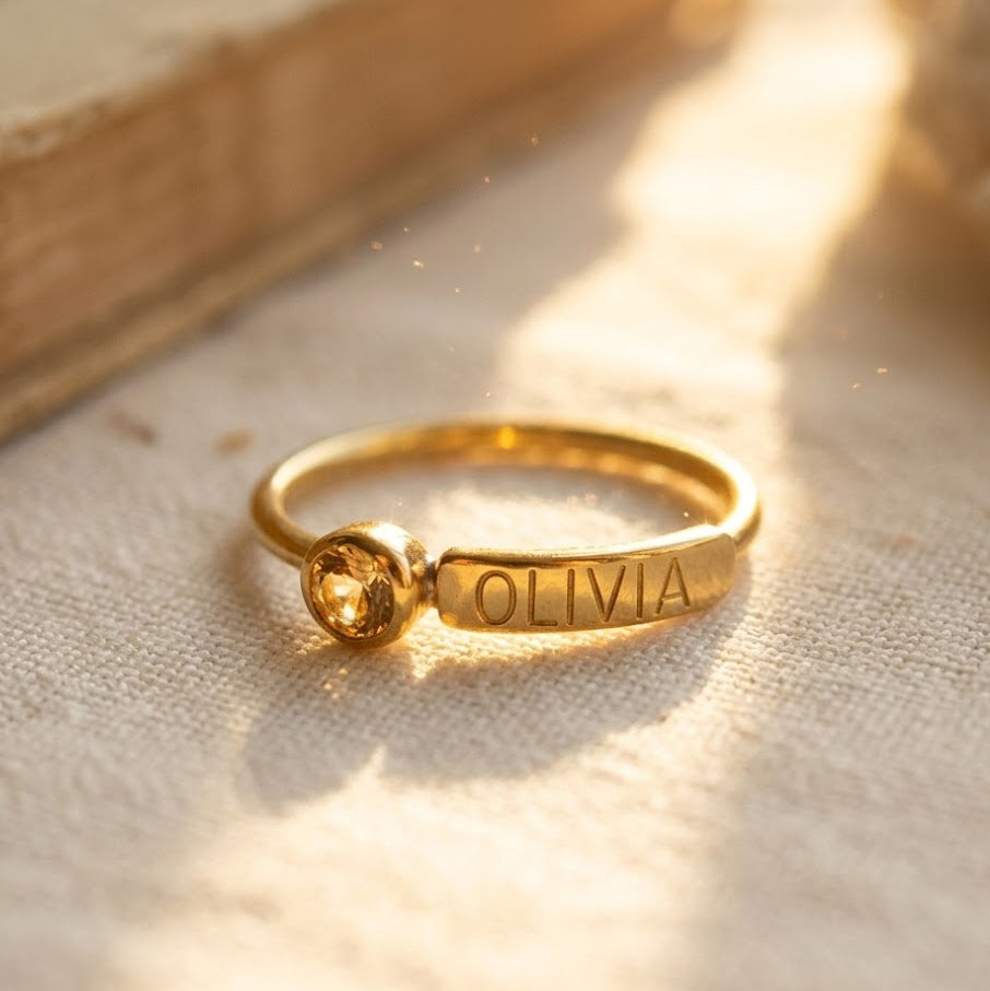 custom engraved name ring with faceted birthstone, minimalist gold birthstone ring personalized jewelry gift
