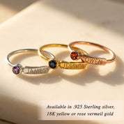 custom name and birthstone rings set, personalized family rings with engraved names and gemstone colors