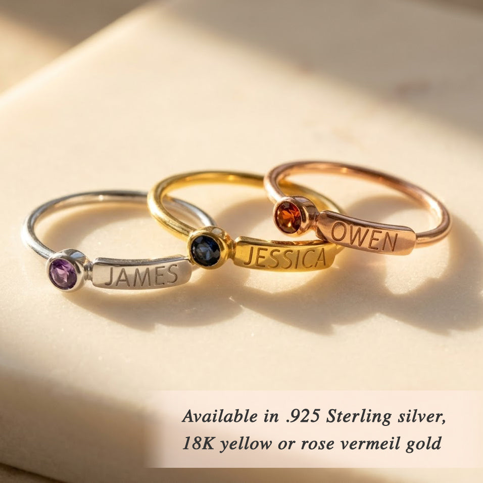 custom name and birthstone rings set, personalized family rings with engraved names and gemstone colors