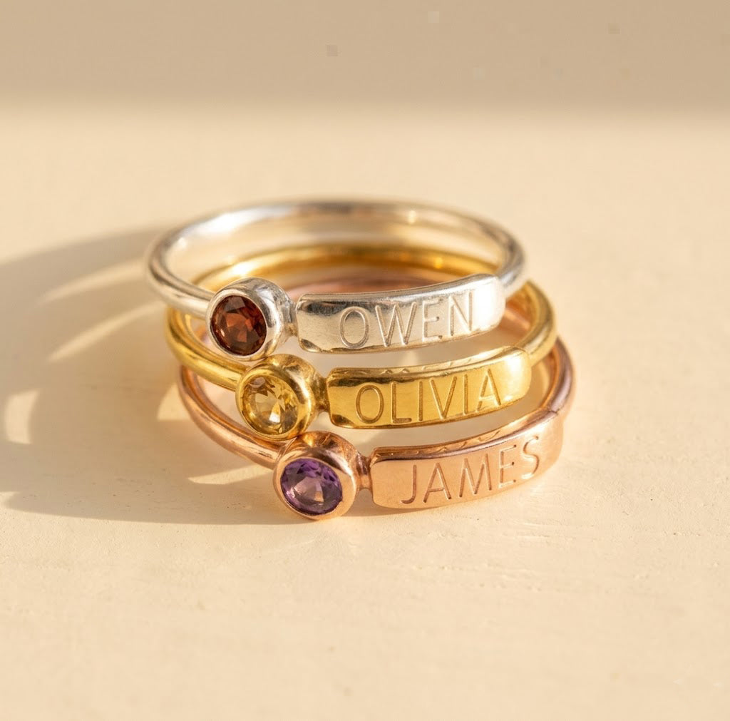 custom engraved birthstone rings stack, personalized name rings for mom with kids birthstones, gold family stacking rings
