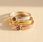 custom engraved birthstone rings stack, personalized name rings for mom with kids birthstones, gold family stacking rings