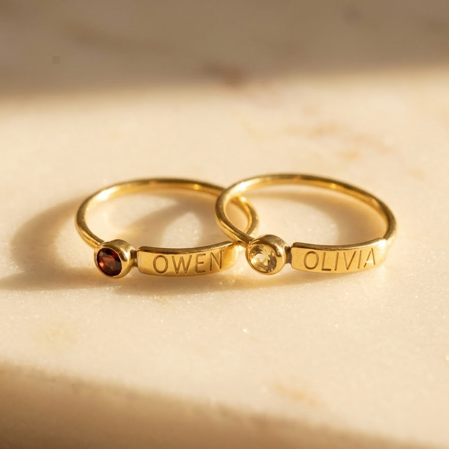 personalized gold birthstone rings with engraving, custom stackable rings for sisters or couples
