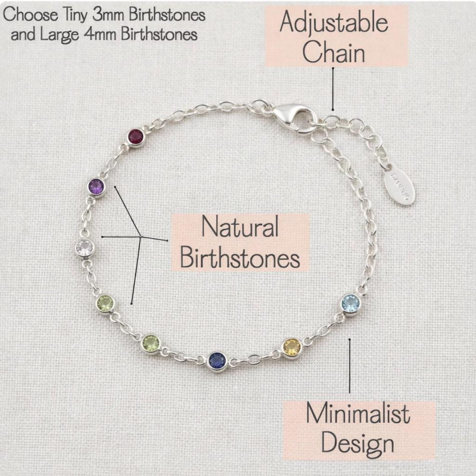 Custom birthstone bracelet highlighting natural gemstones set in bezel settings along a minimalist chain. Informational image showing gemstone placement and delicate design details. Personalized jewelry for mom or grandma featuring children’s birthstones, handcrafted for everyday wear and meaningful gifting.