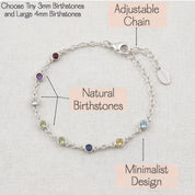 Custom birthstone bracelet highlighting natural gemstones set in bezel settings along a minimalist chain. Informational image showing gemstone placement and delicate design details. Personalized jewelry for mom or grandma featuring children’s birthstones, handcrafted for everyday wear and meaningful gifting.