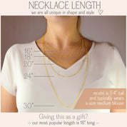 Necklace length chart on a model wearing a white blouse with gold necklaces.