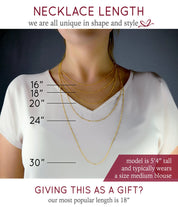 Necklace length options for 16", 18”, 20”, 24”, and 30" shown on model who is 5'4" tall and size medium