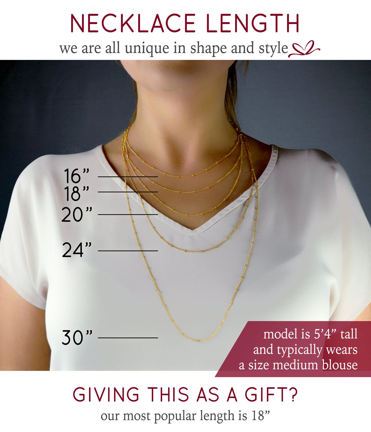 Necklace lengths between 16&quot; to 30&quot; are shown on a model, with 16&quot; ending at the collar bone and 30&quot; reaching mid-chest.