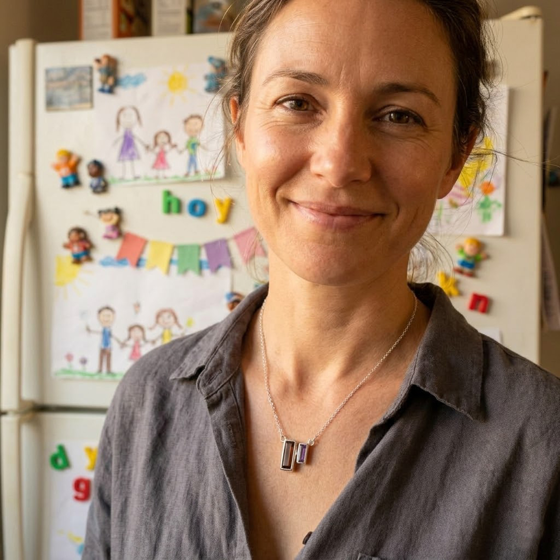 Dainty birthstone necklace for mom with baguette stone pendants