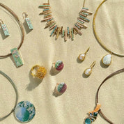 Overhead image of custom summertime bohemian chic jewelry collection set. Personalized colors available. Perfect gift for women, anniversary gift, birthday gift, women's gift, unique jewelry gift for artsy girls, custom statement jewelry, handmade jewelry for women, birthday gift for her, unique earrings, unique necklaces, art inspired jewelry, pearl jewelry, pearl earrings, pearl necklace, collar style necklaces, custom colors necklaces for women, gift for mom on mother's day, gift for mom