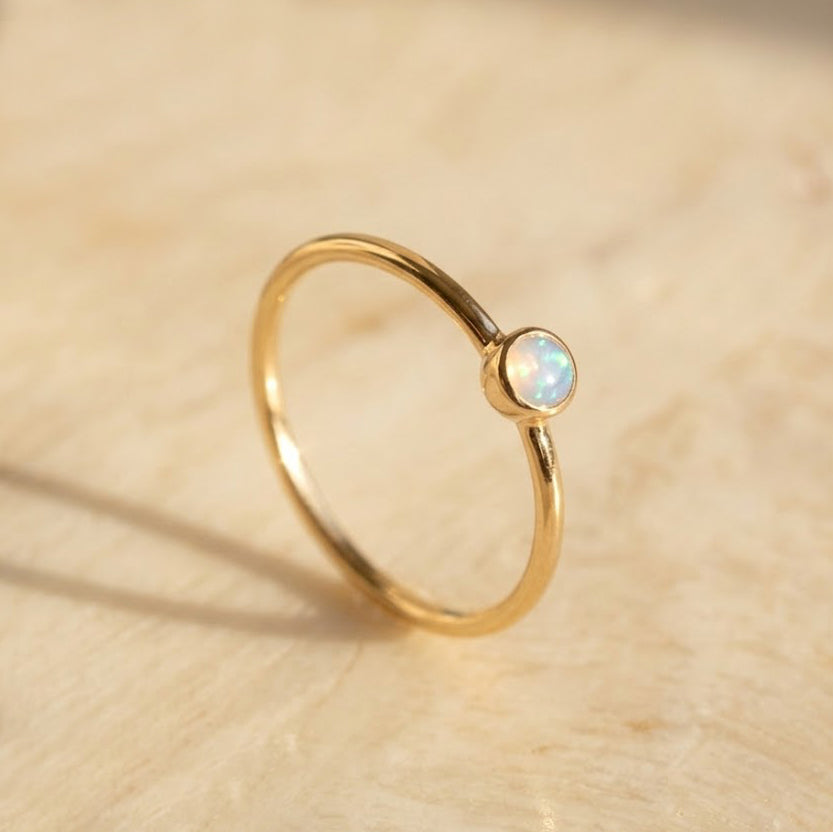 Dainty opalite ring in gold vermeil, October birthstone bezel set stacking ring