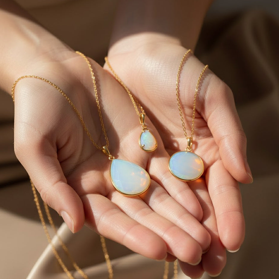 Hands holding opalite teardrop pendants on gold chains, close-up showing the moonlit glow and size comparison, dainty opalite October Birthstone jewelry for bridesmaids and gifts.