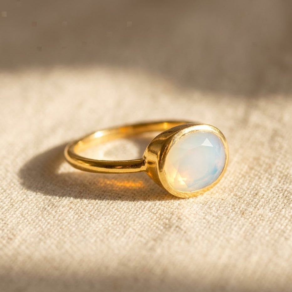 Oval Opalite Ring, Bezel Set October Birthstone Ring in Sterling Silver, Gold or Rose Gold