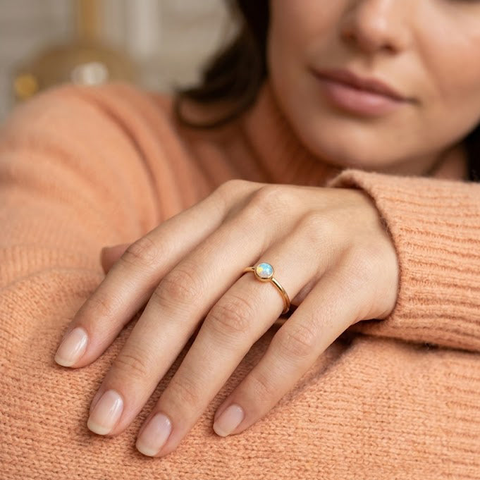 Fire opal ring gold dainty stacking ring October birthstone jewelry